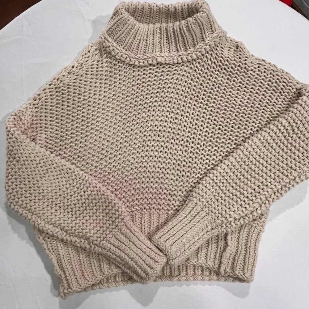 Free People My Only Sunshine Chunky Knit Cowl Neck Sweater Tan Small - Picture 4 of 8